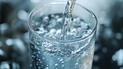 A clear glass filled with sparkling water being poured, showcasing vibrant bubbles and refreshing clarity.
