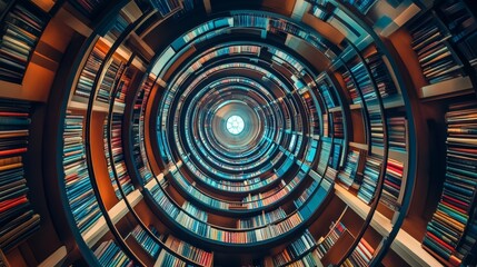 Spiral Library Architecture with Books and Blue Light Effect