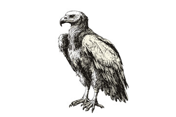 Trendy design of a hand-drawn vulture in black sketch effect, vintage bird art, wildlife print, white background, old engraving style illustration.
