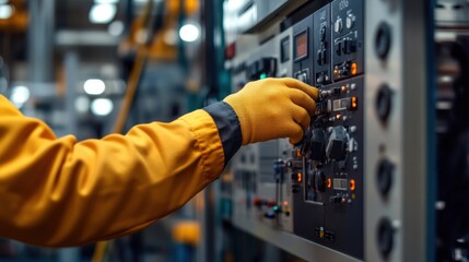 Hand Adjusting Control Panel in Industrial Environment with Gloves