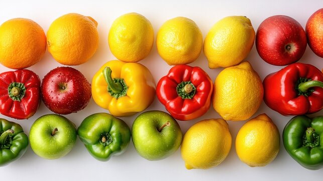 A vibrant arrangement of colorful fruits and vegetables, including red apples, yellow and red bell peppers, and fresh lemons.