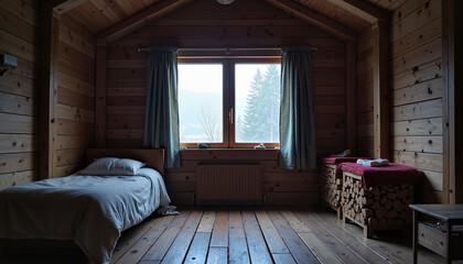 A cozy wooden bedroom inside a log cabin, ready to be closed as part of the winter resort’s shutdown.