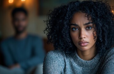 Black Woman with Curly Hair in Living Room, Appears Sad After Fight
