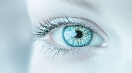 Close-up of a female's striking blue eye with intricate patterns and long eyelashes, conveying a sense of depth and emotion.