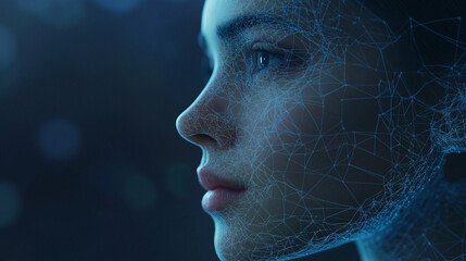 A digital rendering of a humanoid face emerges from a mesh of glowing vertices, embodying the fusion of technology and human identity