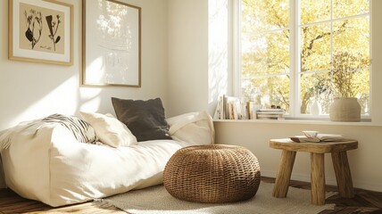 Obraz premium Cozy living room with beige couch, textured ottoman, and wooden side table. Sunlight streams through window with autumn leaves. 