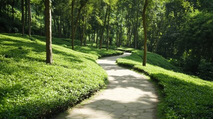 Serene winding pathway through lush green garden