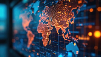 Global stock market data visualization, orange world map, blue continents. Financial data analysis, trading platform interface. Worldwide economy analysis, business analytics, investment strategy.