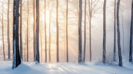 Fototapeta premium A serene winter forest illuminated by soft sunlight filtering through snow-covered trees.