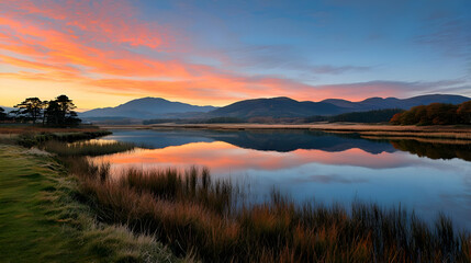 Serene Sunrise Landscape with Mountain Reflections in a Calm Lake