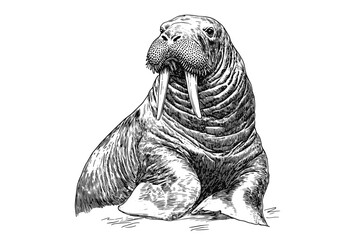 Hand-drawn walrus, vintage art, black sketch effect, animal print, trendy illustration, old engraving style, wildlife decor, retro design, nature print.