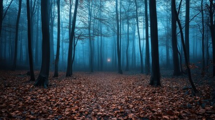 Obraz premium Mysterious fog-covered forest path with a glow in the distance, evoking a sense of tranquility and wonder.
