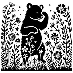 Bear surrounded by wildflowers, Whimsical black and white illustration of a bear standing among blooming wildflowers and forest plants in folk art style.