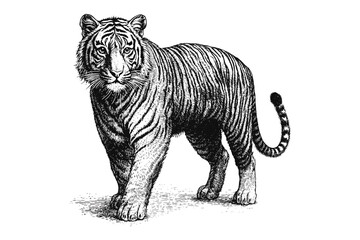 Black sketch tiger in antique style, vintage art, fierce predator illustration, trendy vector drawing, wildlife print design, old engraving style, wildlife artwork.