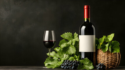 Red wine bottle, glass, grapes, dark background; winery advert