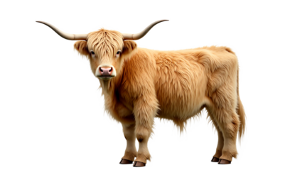 Highland cow portrait isolated on white. Full body front view of a shaggy Scottish breed with horns. Ideal for animal, farm, and children's designs. Isolated on transparent background.