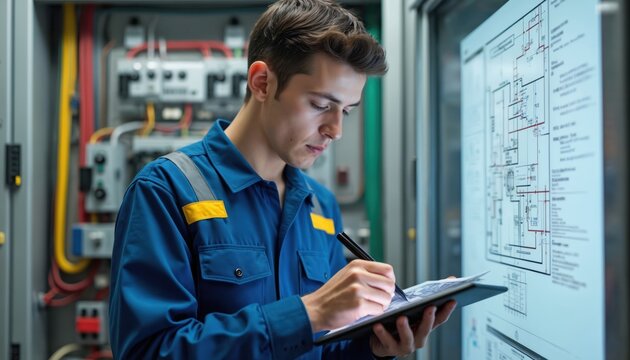 Young engineer in uniform uses digital tablet, analyzes circuit designs, troubleshoots electrical systems in modern engineering environment. Engineering student learns electrical diagrams in