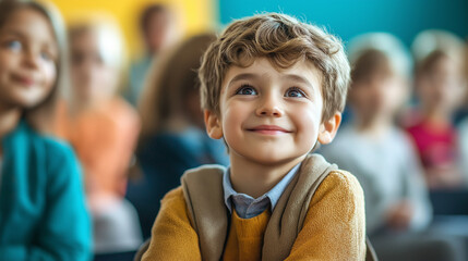 Portrait of a smiling young boy in a school setting. A cute boy is listening intently in the classroom with his friends