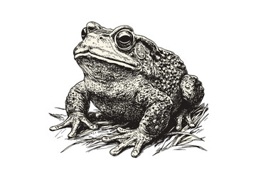 Vintage illustration of amphibian art, hand-drawn toad in old engraving style, black sketch effect, wildlife print, trendy design, white background, retro wildlife artwork.