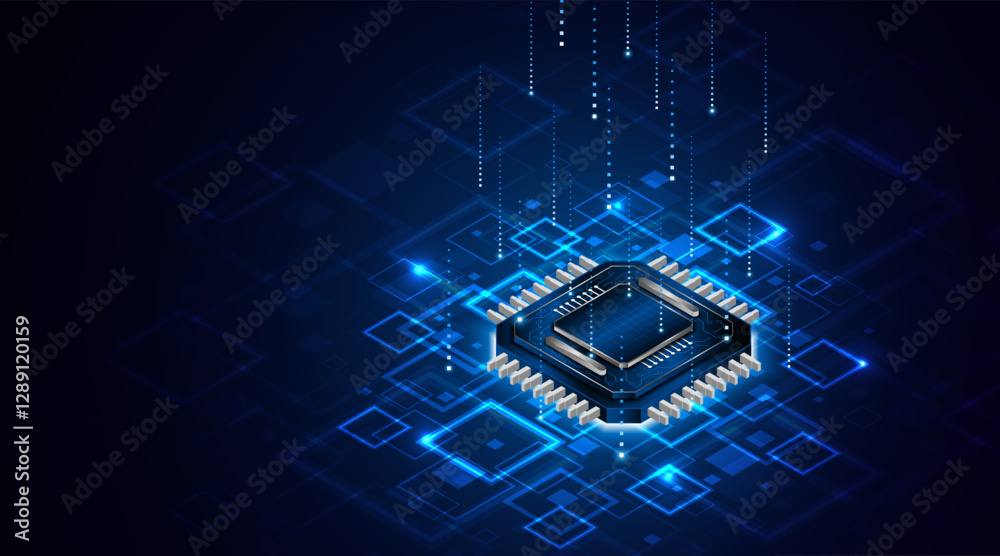 Poster Microchip processor circuit board technology on dark blue background. Information Processing Concept. Circuit board hi-tech technology background. vector illustration	