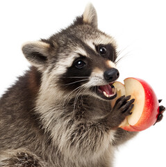 Fototapeta premium raccoon eating an apple in front of isolated on transparent background