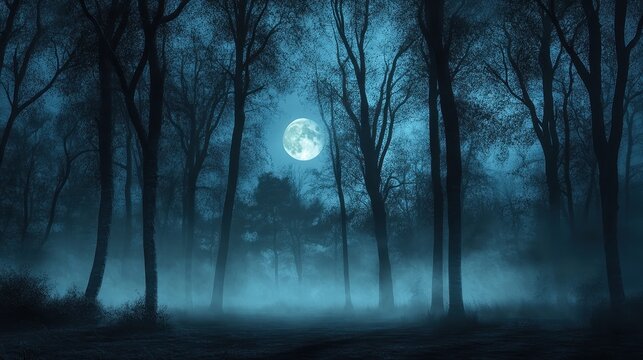 A mesmerizing moonlit forest scene with dense fog, creating an ethereal and mysterious atmosphere.