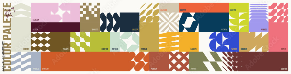 Poster color palette set, trendy different combined colors with hex codes, vector banner with colorful orna