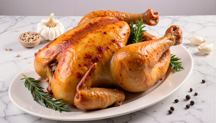 Roasted chicken on a white platter with garlic and herbs