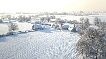 Obraz premium Serene Winter Landscape with Snow-Covered Houses and Frosted Trees in a Quiet Rural Setting at Sunrise