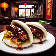 A serving of Chinese bao buns stuffed with barbecued pork and pickled vegetables 2