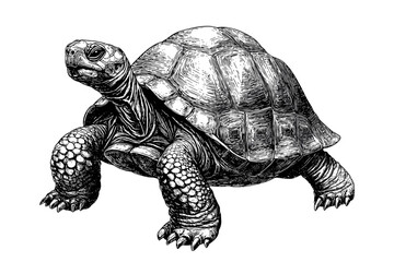 Hand-drawn tortoise in black sketch effect, vintage art, animal print, trendy illustration, old engraving style, white background, retro animal design, classic wildlife illustration.