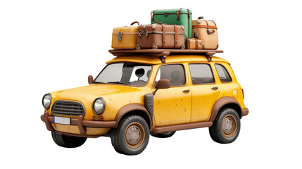 Yellow car parked with luggage on top ready for road trip in a sunny outdoor setting isolated on transparent background..