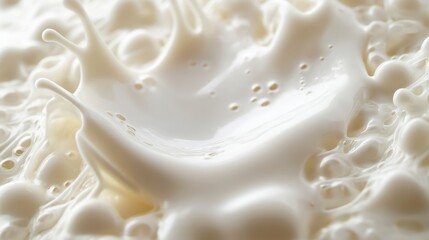 Fototapeta premium Close-up of creamy milk splashing in a liquid pool, capturing the dynamic movement and texture of dairy.