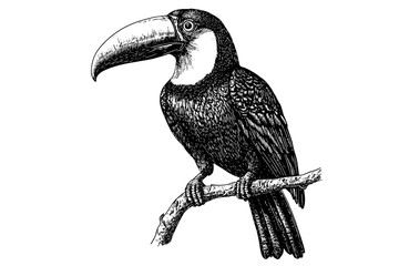 Trendy hand-drawn toucan in black sketch effect, vintage bird illustration, old engraving style, white background, wildlife print, nature art, tropical bird design, decor. © Vintage Studio