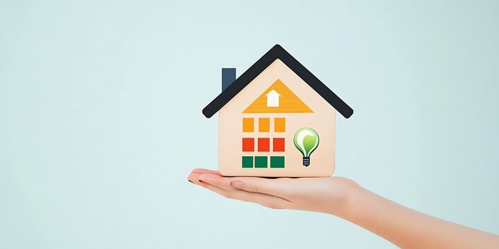 Hand handing house energy efficiency, energy efficient rating class concept, eco home renovation save cost. Low-consumption ecological house.  eco home renovation save cost. Low-consumption ecological