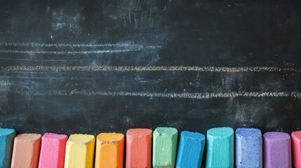 Colorful chalk pieces lined up against a black chalkboard, creating a vibrant classroom atmosphere.