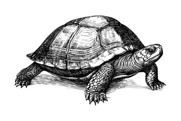 Turtle in black sketch effect, trendy illustration, vintage art, old engraving style, animal print, hand-drawn design, white background, nature artwork