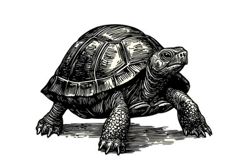 Black sketch effect hand-drawn turtle, vintage art, animal print, trendy illustration, old engraving style, white background, wildlife drawing, ocean life art