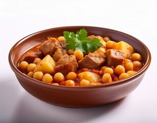 Fotograf&iacute;a de estudio profesional de un plato de estofado, garbanzos, cubos de carne, patata de fondo blanco, 4k, ultra realista, foto en primer plano
