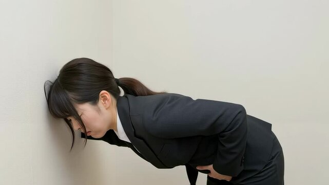 壁に手をついて腹痛の痛みに静かに腰を曲げるスーツ姿の女性