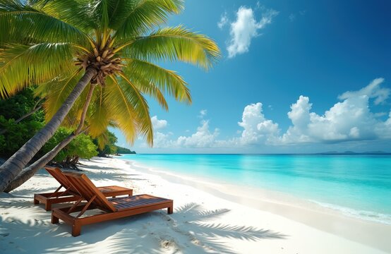 Chairs on tropical beach with palm trees on island. Vacation banner. Relax on remote beach. Blue ocean with turquoise water, white sand. Travel, tourism, resort backgrounds.