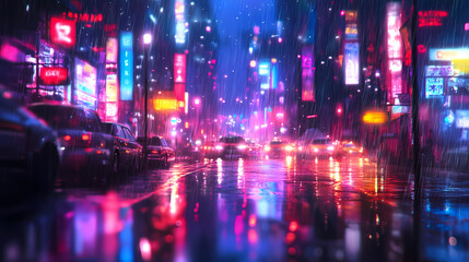 Obraz premium Enigmatic cyberpunk night scene with vivid neon city lights image. Neon Light Rainfall. Illustration