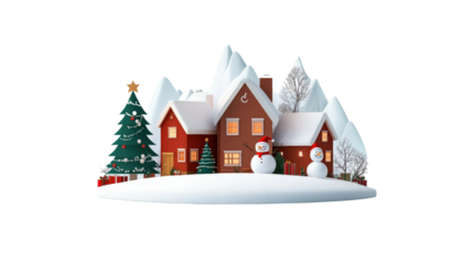 Christmas village scene with snow covered tree and cozy house in winter landscape isolated on transparent background..