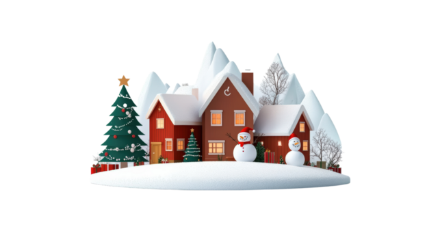 Christmas village scene with snow covered tree and cozy house in winter landscape isolated on transparent background..
