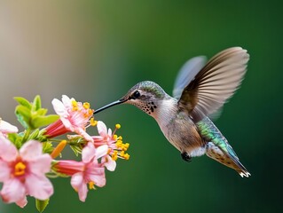 Naklejka premium Closeup of a hummingbird hovering near a blooming flower, nature s tiny marvel