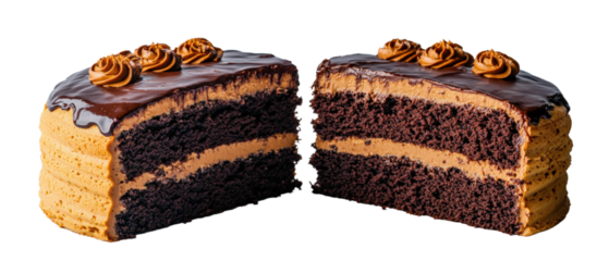 Chocolate cake with a slice removed showcasing rich texture and layers on a white plate isolated on transparent background..