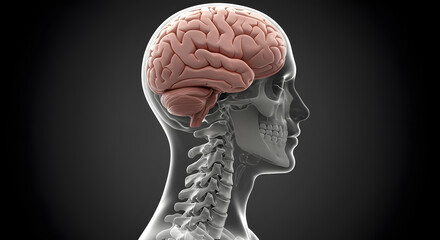 Obraz premium Xray showing the Side View of the Brain and Spine, illustrating human anatomy clearly.