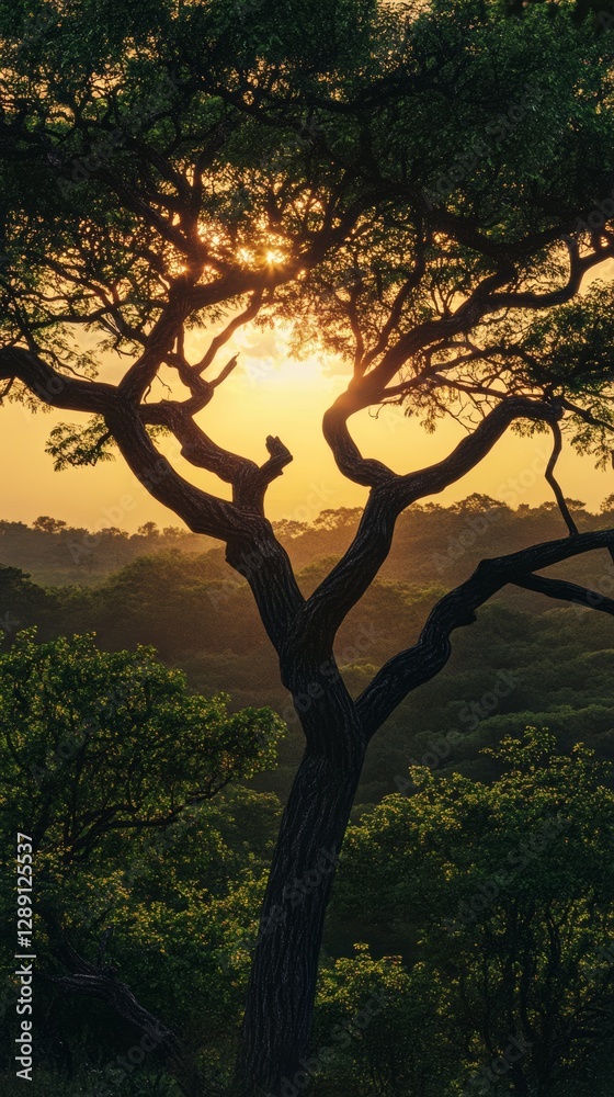 Poster sunset through silhouette of tree branches in lush green forest. nature and tranquility concept
