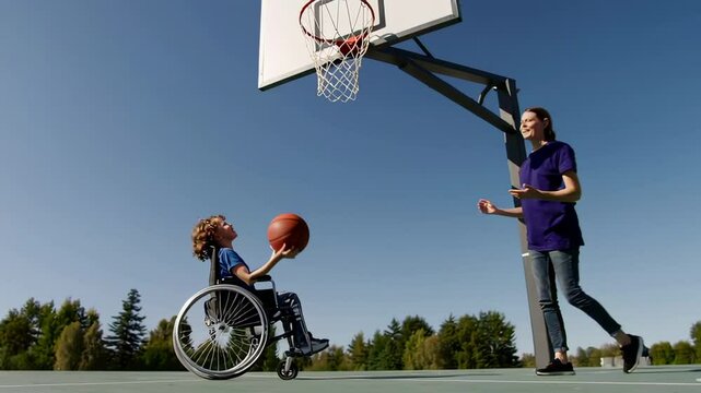 Empowering basketball coach guiding wheelchair bound boy during outdoor game, showcasing determination and inclusive sporting spirit through slow motion sequence