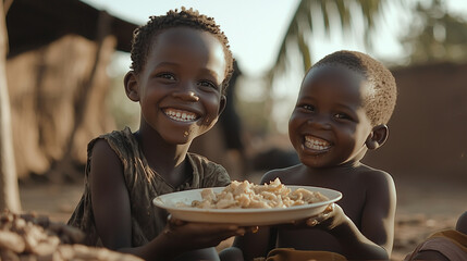 African children enjoying a meal, highlighting hunger and food insecurity.